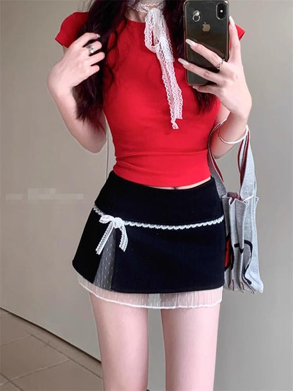 Sweet Lace Patchwork Women Skirts Summer Japanese Kawaii Bow Mini Skirts Fashion Low Waist Preppy Slit A Line Skirts New