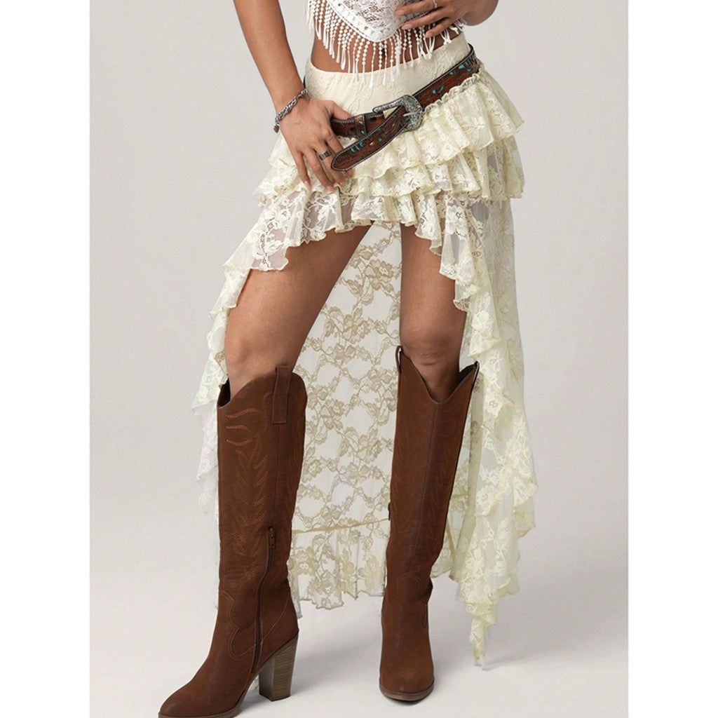 Bohemian Lace Embroidery Women's Soild Color Skirts Asymmetrical Tierred Premium See Through Long Skirts