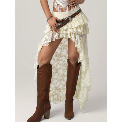 Bohemian Lace Embroidery Women's Soild Color Skirts Asymmetrical Tierred Premium See Through Long Skirts