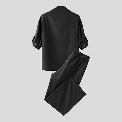 INCERUN Men Sets Solid Color Pleated Shirt & Pants Two Pieces Sets Loose Streetwear 2025 Fashion Men's Casual Suits S-5XL