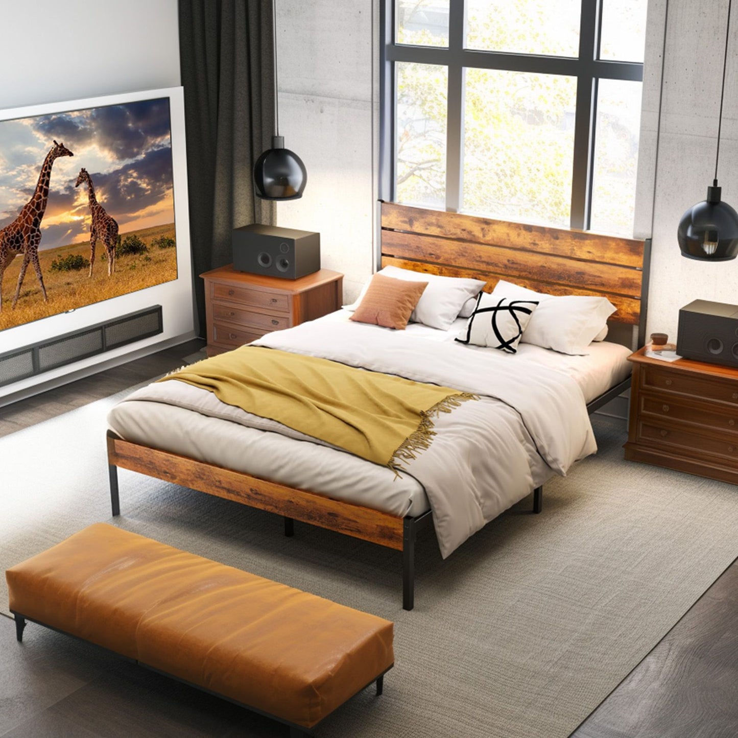 Cama Box de Metal Queen Size JHK com Cabeceira e Peseira e Suporte de Ripas de Madeira Resistente de 800LBS para Quarto e Casa