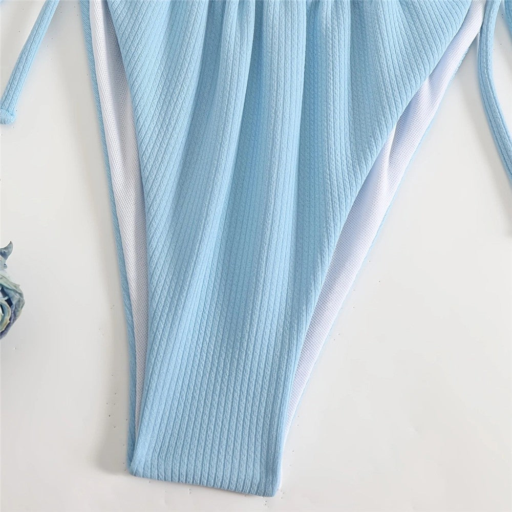 Light Blue Ribbed String Halter Swimwear Ruffled Bandeau Bikinis Sets Micro Thong Swimsuit Woman 2025 Bathing Suit Bikini Dames