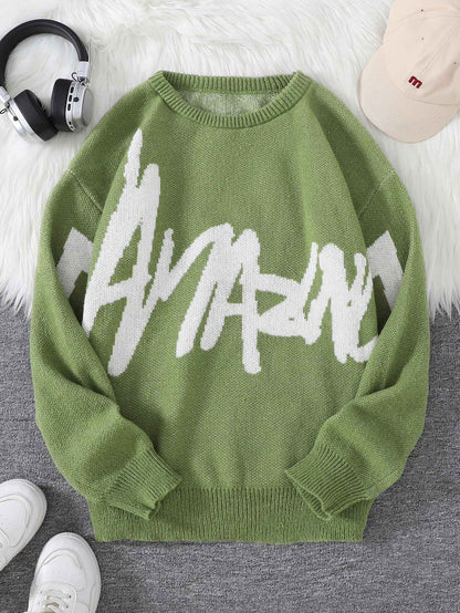 New Popular Spring Autumn Graffiti Jacquard Pattern Pullover Sweater Casual Round Neck Contrast Color Knitted Men's Pullover