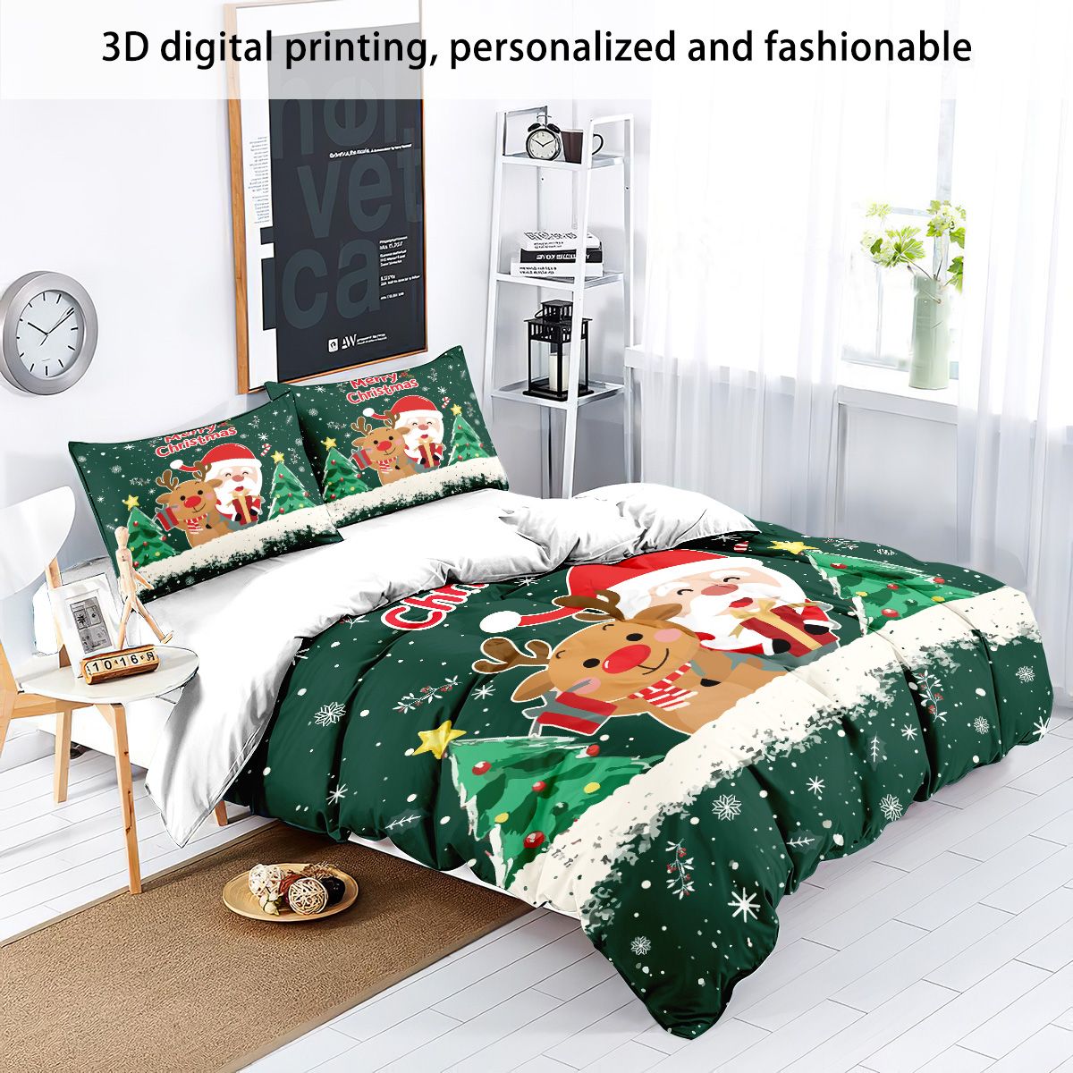 3pcs Santa Claus Christmas Tree Print Coreless Duvet Set Bedroom Dormitory Bedding Decoration Comfortable Machine Washable