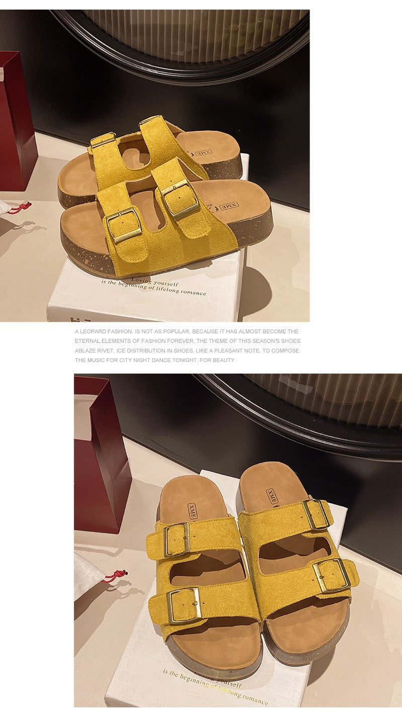 Bebealy Women's Sandals Soft-soled Platform Sandals Double Buckle Roman-style Belt-buckle Slippers Popular Slip-on Flat Slippers