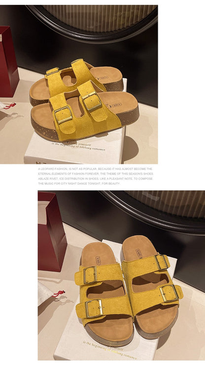 Bebealy Women's Sandals Soft-soled Platform Sandals Double Buckle Roman-style Belt-buckle Slippers Popular Slip-on Flat Slippers