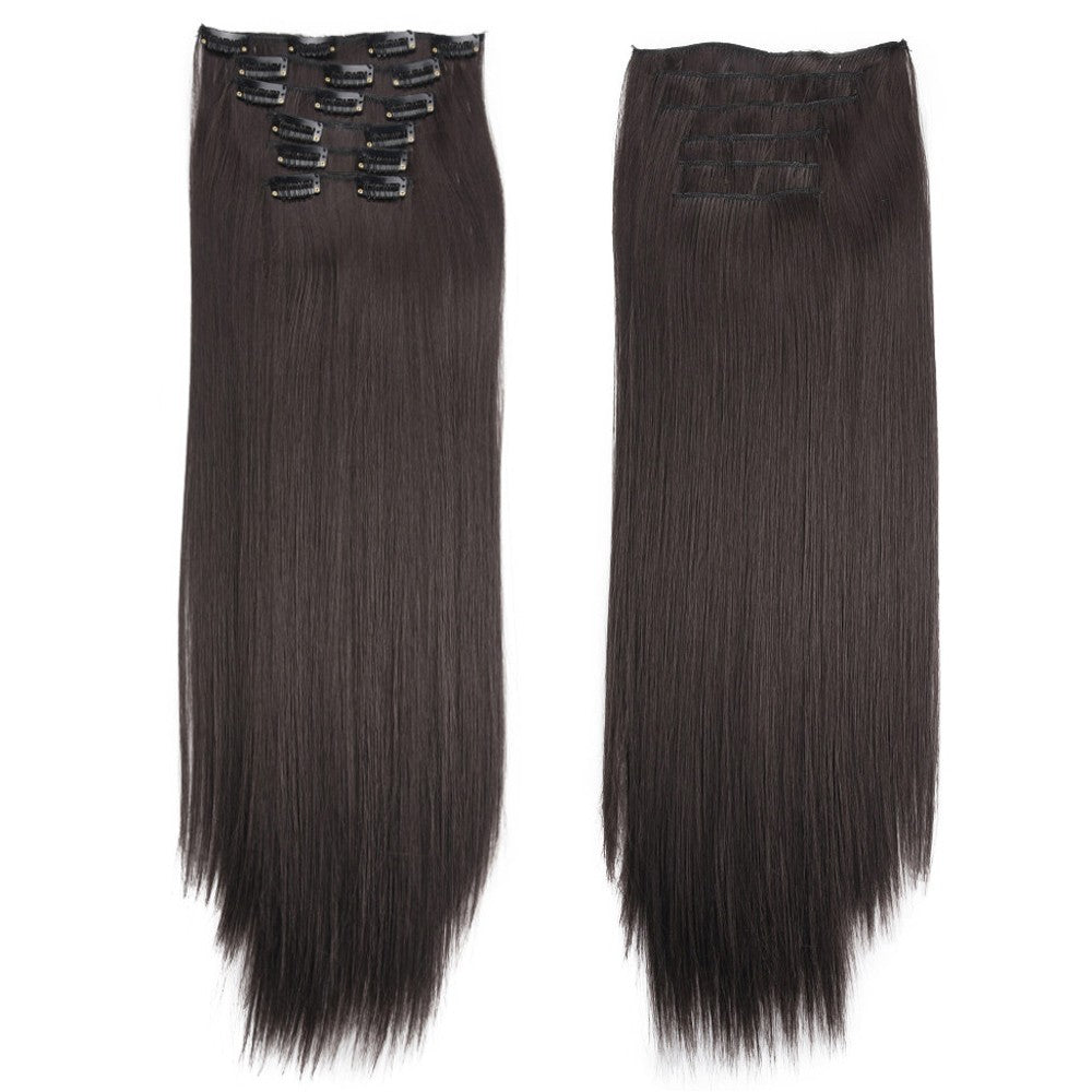 16 Presilhas em Apliques de Cabelo 60cm de Comprimento Liso Penteado Sintético Loiro Preto Perucas Resistente ao Calor Cabelo Falso 6Pçs/Conjunto