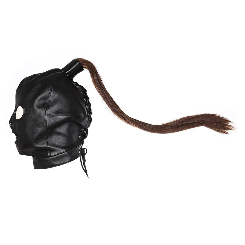 Unisex Latex Hood Mask Sexy Men Women PU Leather Masks Cosplay Flirting Tail Chest Strap Headwear Cosplay Sexy Accessory