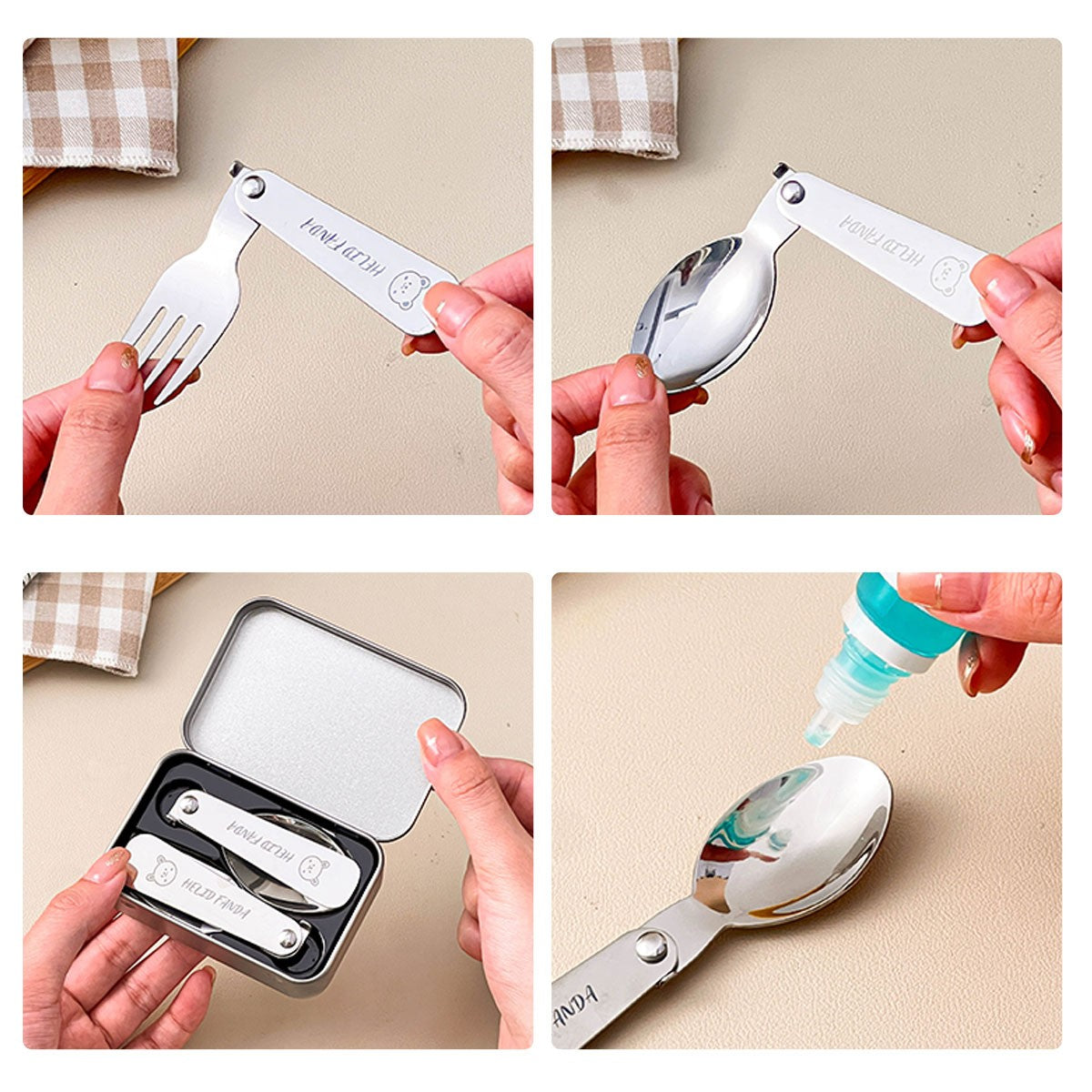WORTHBUY 3Pcs/Set Portable Foldable Dinnerware Set 304 Stainless Steel Folding Fork Spoon With Cutlery Box Cute Picnic Tableware