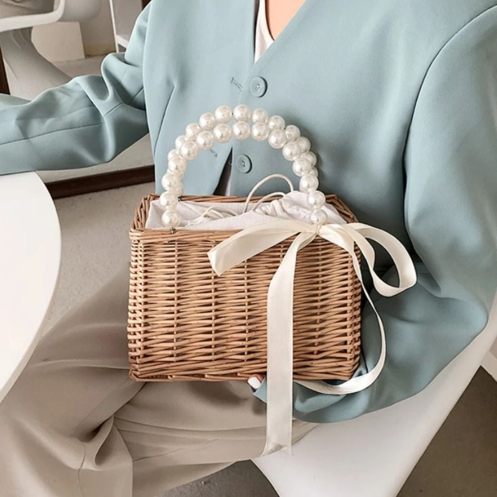 Straw Tote Hand Bags Summer Pearl Handle Handmade Knitted Handbag Storage Rattan Weaving Basket Shoulder Bag Women Girls