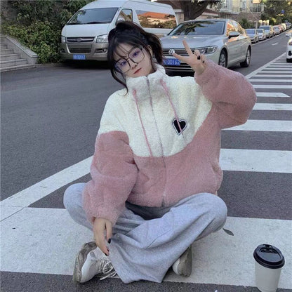 Plus Size Ladies Thickened Lamb Velvet Jacket Autumn Winter Loose Fit Splicing Cotton Coat Korean Style High School Student F...