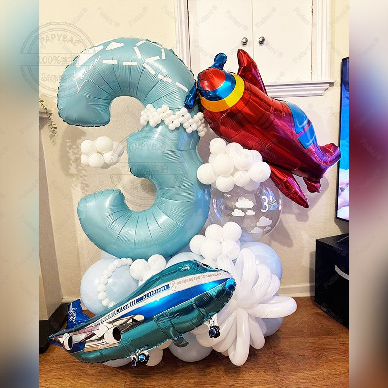 56Pcs Airplane Themed Blue Digital Balloon Set 1-9 Birthday Party Decoration baby Shower Globos Gift Shooting Props