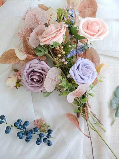 25pcs Artificial Roses, Green Gradient Artificial Rose Set - DIY Wedding Bouquet, Suitable For Wedding, Cake, Party Decoration