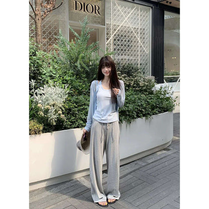 Baishiwang Silk Blend Knitted Pants Women's Summer Loose Casual Drape Long Striped Trousers Versatile Comfortable Long Pants