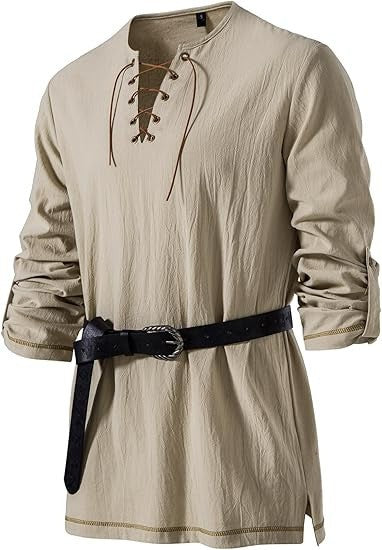 Men's Medieval Lace Up Tunic Shirt Renaissance Viking Pirate Costume Long Sleeve Retro Tops with Belt for Halloween Cosplay