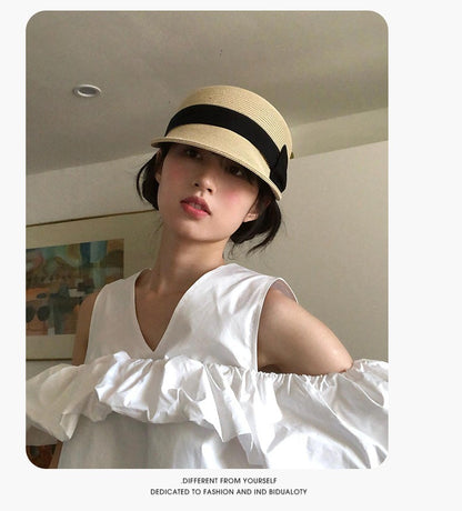 Bow shaped dome grass woven duckbill hat for women, summer outdoor face enhancing small grass hat, sun protection and shading