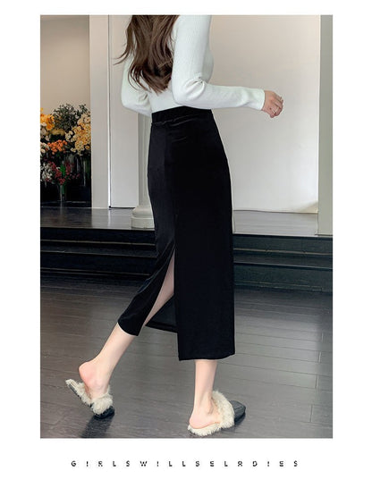 Elegant Velvet Black Long Skirts Women Autumn Winter High Waist Faldas Korean Fahion Clothing Office Ladies Bodycon Midi Skirt