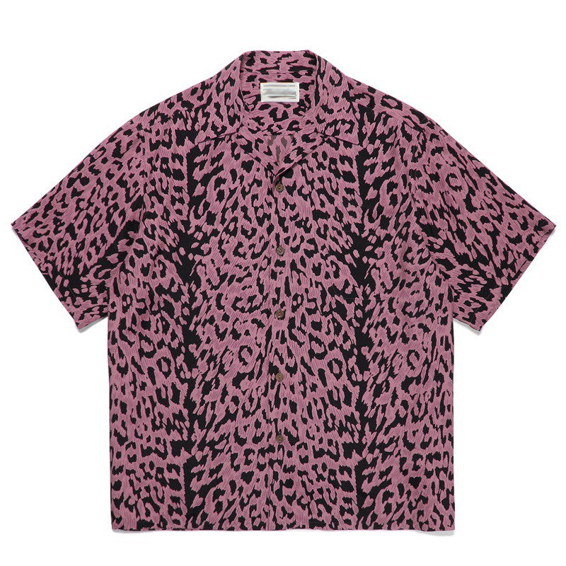 Pdmcms 23ss Gradient Leopard Print High Street Style Casual Handmade Silk Hawaiian Short Sleeved Shirt For Men