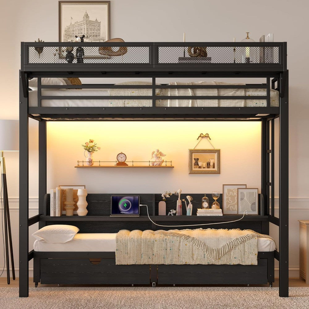 Beliche com Gavetas e Prateleiras, Beliche Duplo XL sobre Duplo XL com Portas USB e Luzes LED, Cama Inferior que pode ser con