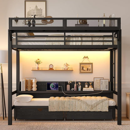Beliche com Gavetas e Prateleiras, Beliche Duplo XL sobre Duplo XL com Portas USB e Luzes LED, Cama Inferior que pode ser con