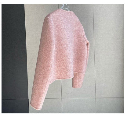 Women's New Round Neck Single-breasted Double-sided Tweed Coat Fashionable Casual and Versatile Elegant Top