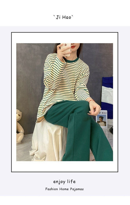 Women's Fall Pajamas with Chest Pads Striped Long Sleeve Plus Size O-Neck Simple Casual Fashion Korean School Pajamas Homewear
