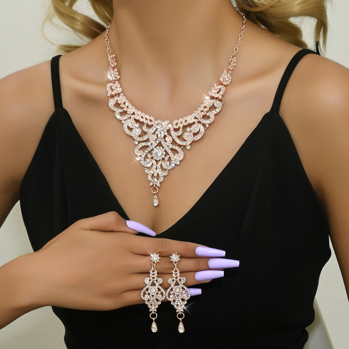 Conjunto de joias estilo palaciano com design sofisticado, joias femininas de luxo com strass incrustados