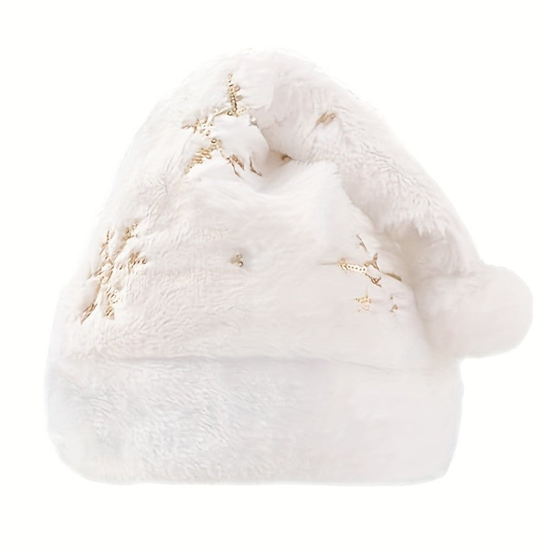 Chapéu de Natal floco de neve branco, decoração de Natal, chapéu de Natal bordado dourado felpudo, fantasia de festival de Natal, sacola de presente