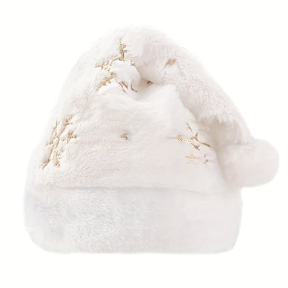 Chapéu de Natal floco de neve branco, decoração de Natal, chapéu de Natal bordado dourado felpudo, fantasia de festival de Natal, sacola de presente