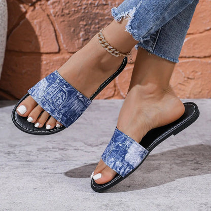 Casual Denim Slippers for Women 2025 Fashionable Non-Slip Wear-Resistant Soft Bottom Comfortable Flat Heel Sandals