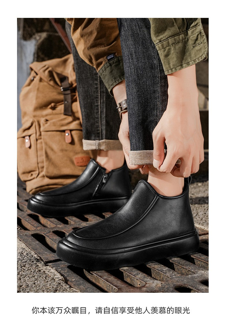2025 Autumn New Leather Short Boots, Mid-calf Zipper Casual Outdoor Shoes, Anti-slip and Wear-resistant Men's Work Boots
