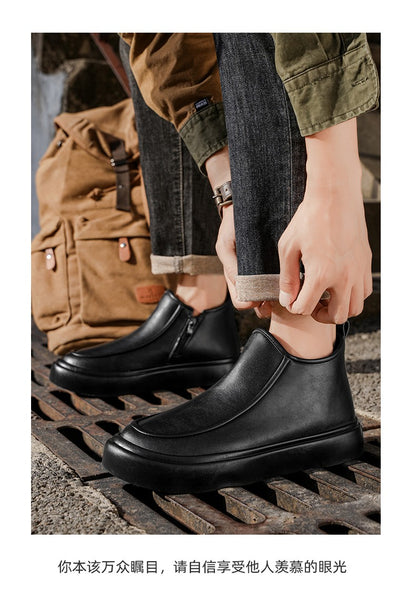 2025 Autumn New Leather Short Boots, Mid-calf Zipper Casual Outdoor Shoes, Anti-slip and Wear-resistant Men's Work Boots