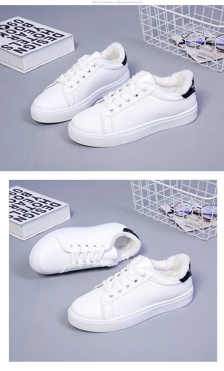 Tênis Feminino de Inverno, Quente, Pelúcia, Sola Vulcanizada, Plataforma, Algodão, Cadarço, Branco, Com Pelúcia, Casual