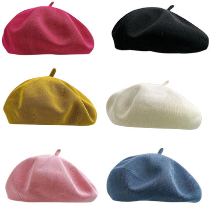 Women's Summer Beret Hat Cotton Breathable Knit Slouchy Beanie Solid Color French Retro Fashion Cap for Women Casual Outfit