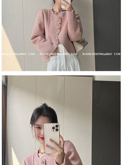 Women's New Round Neck Single-breasted Double-sided Tweed Coat Fashionable Casual and Versatile Elegant Top