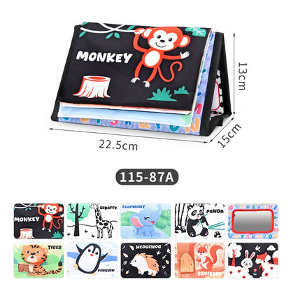 Livro de Pano Engraçado em Preto e Branco para Bebês Brinquedo Educacional Montessori para Crianças Recém-nascidos Brinquedos com Espelho para Tummy Time