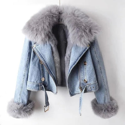 Women Faux Fox Fur Collar Jean Coat Winter Denim Jacket Female Short Warm Parkas Rabbit Hair Lining Outwear Fashion Overcoat