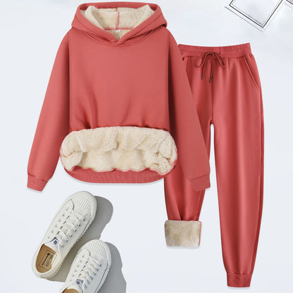 Winter Men Solid Thickened Lamb Velvet Hoodies Set Warm Fleece Sweatshirt Sweatpants 2pcs Thickened Casual Tracksuit