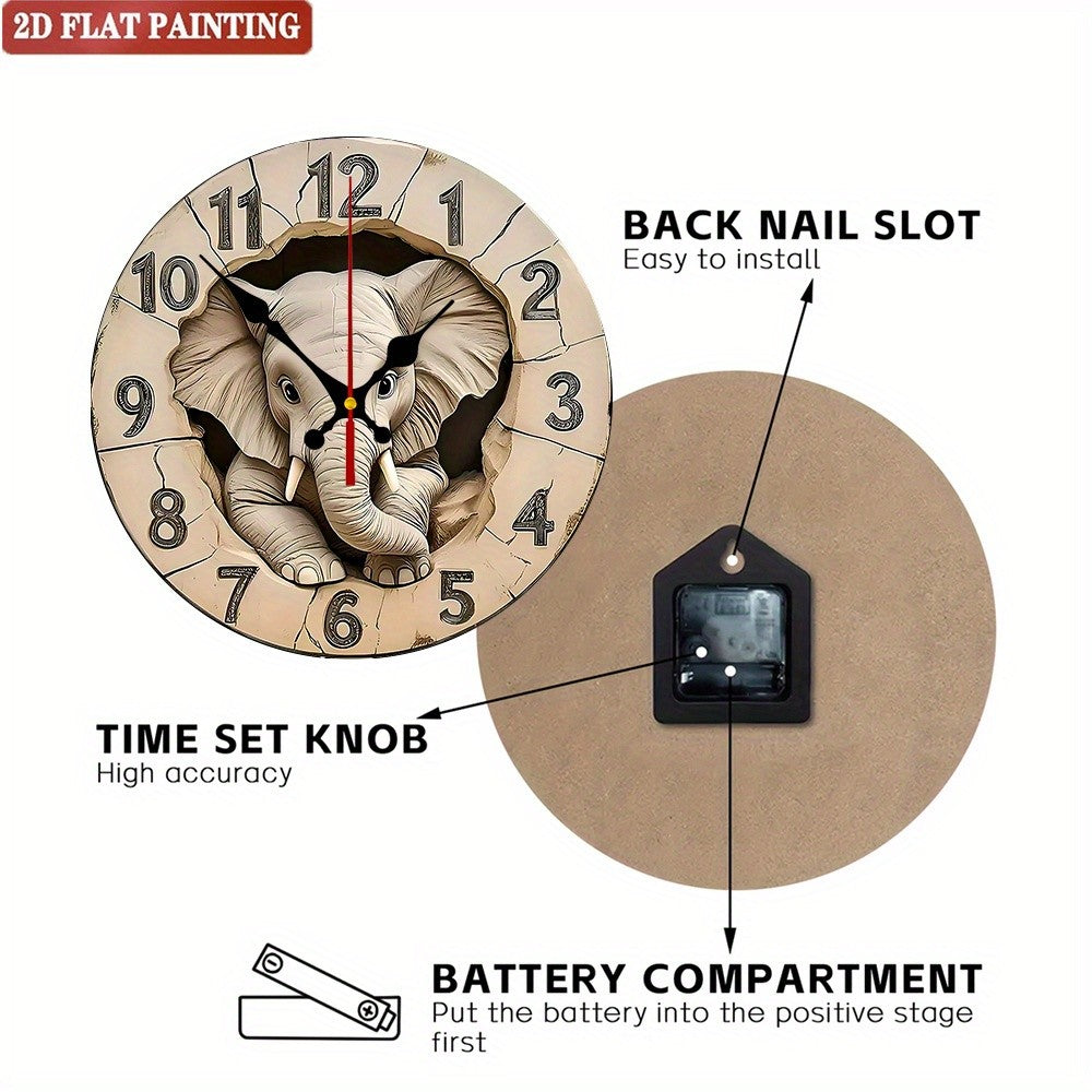 Elephant Digital Wall Clock. Wooden round silent display for living room, bedroom or office.