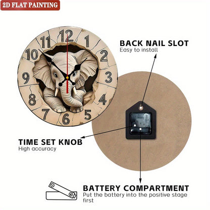 Elephant Digital Wall Clock. Wooden round silent display for living room, bedroom or office.