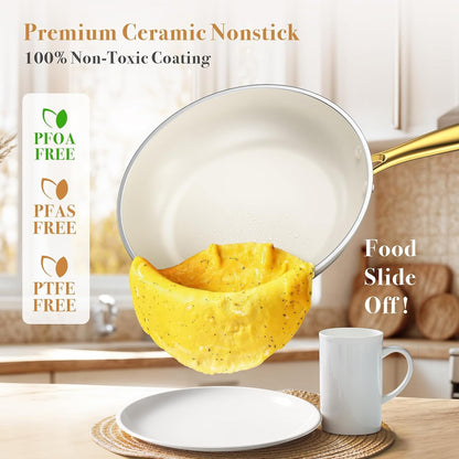 Ceramic Cookware Set 15-Pieces, Pots and Pans Set Non Stick, Oven Safe Non Toxic, Kitchen Cookware Set, PFOA PTFE FREE, Gold Wh