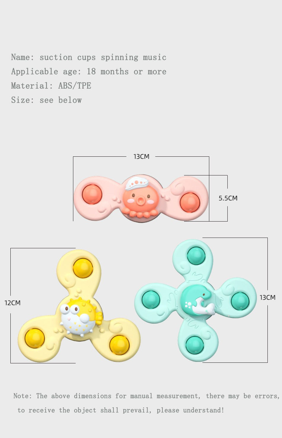 3Pcs/Set Baby Bath Toys Funny Bathing Sucker Spinner Suction Cup Cartoon Rattles Fidget Educational Toys Suction Cup Spinning