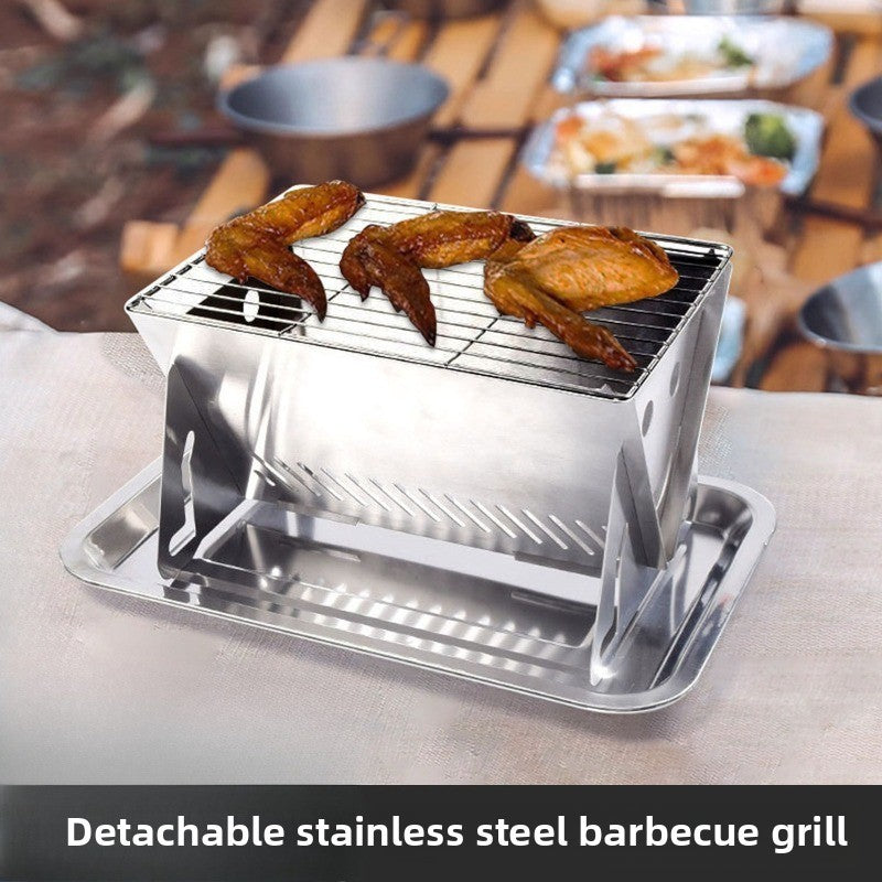 3-Piece Stainless Steel Portable BBQ Set - Compact Folding Grill for Camping, Mini Detachable Card-Style Outdoor Cooking