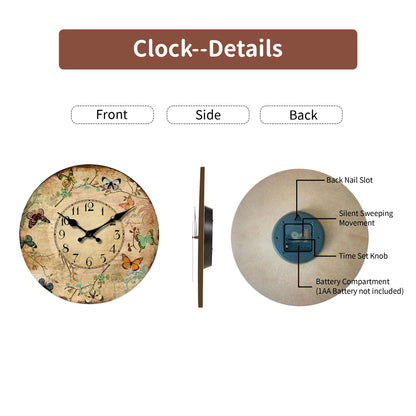 1pc 10-16inch wooden wall clock, retro flower and colorful butterfly design wall clock, silent clock, suitable for living room b