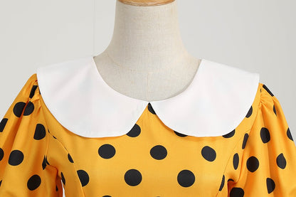 Elegant Women Summer Dress Puff Short Sleeve Polka Dot Peter pan Collar Vintage A-line Midi Long Party Sundress