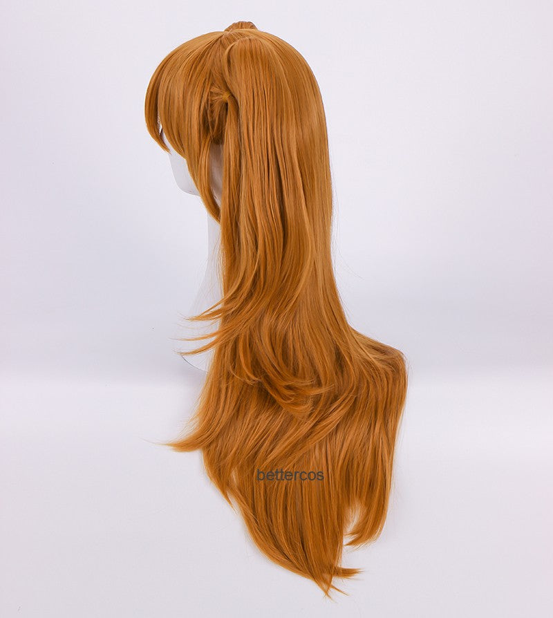 Perucas de Cosplay de Alta Qualidade EVA Asuka Langley Soryu Laranja Longa com 2 Grampos de Rabo de Cavalo Peruca de Cabelo Sintético Resistente ao Calor + Touca de Peruca