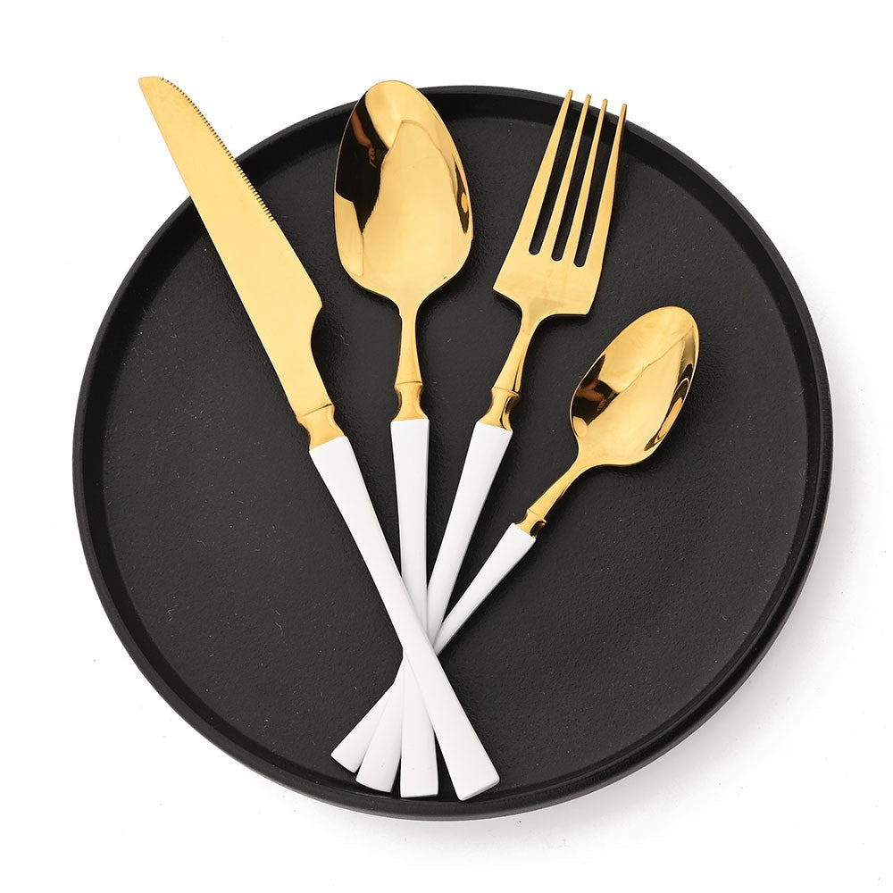 JANKNG 24Pcs White Gold Tableware Set Stainless Steel Dinnerware Spoon Fork Knife Cutlery Kitchen Food Flatware Silverware Set