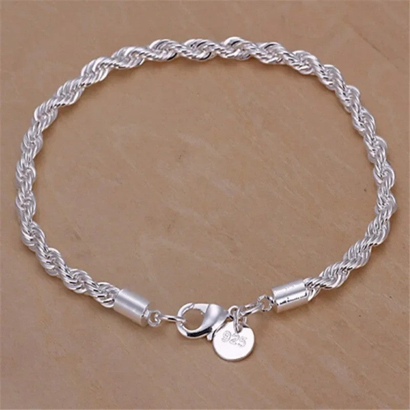 Braceletes de Corrente Torcida de Prata Esterlina 925 4MM para Mulheres e Homens, Joias Masculinas de Prata Minimalistas da Moda, Presentes para Casais