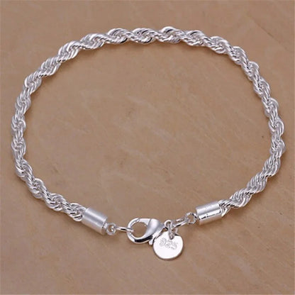 Braceletes de Corrente Torcida de Prata Esterlina 925 4MM para Mulheres e Homens, Joias Masculinas de Prata Minimalistas da Moda, Presentes para Casais