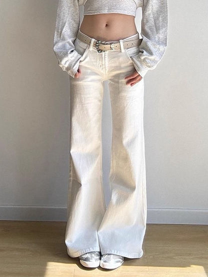 Low Waist White Denim Jeans Women's Spring Autumn 2025 New Design Slim Fit Bell Bot Wide Leg Pants Stand Fit Jeans